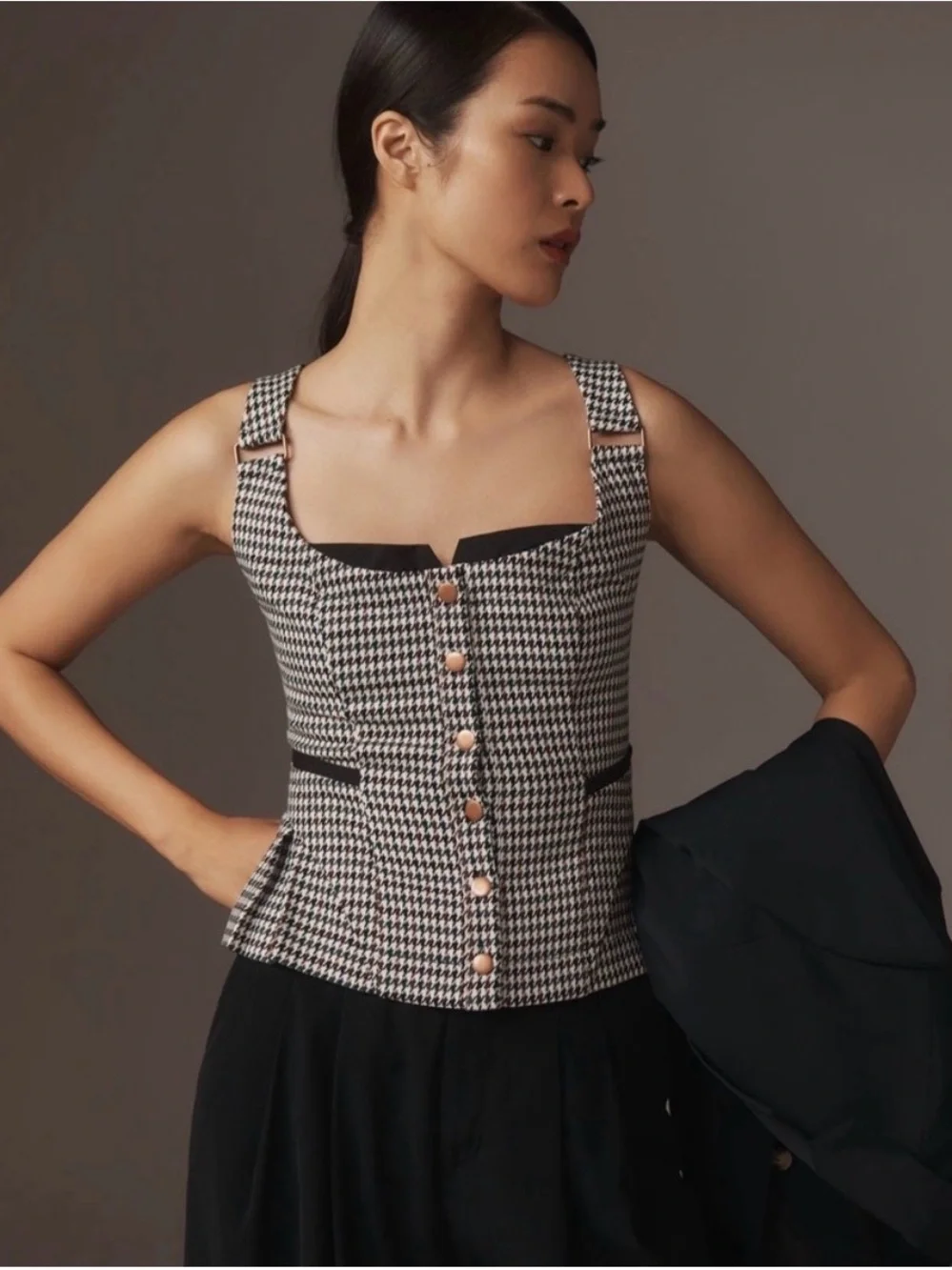 Anthropologie Black and White Houndstooth Button-Front Cropped Top - Picture 1 of 12